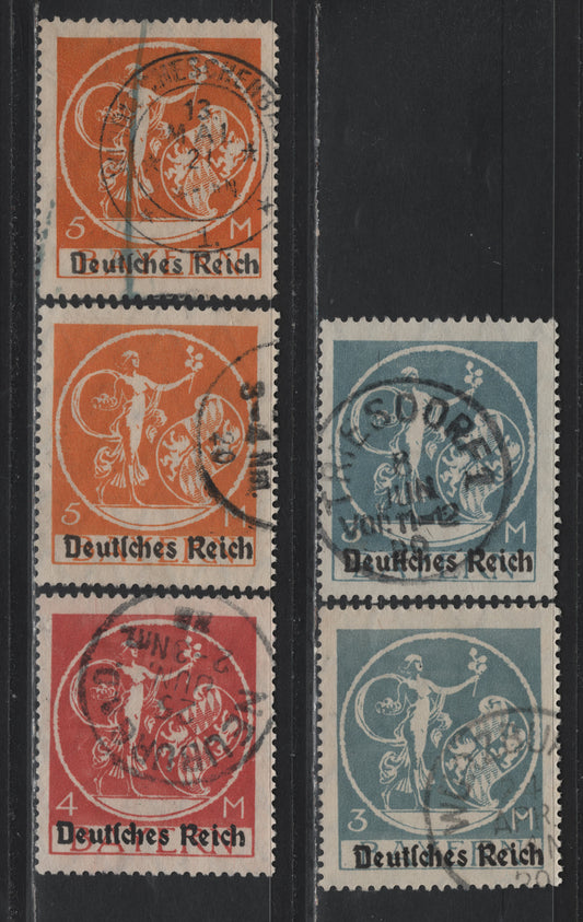 Lot 62 Bavaria SC#271-273 (134I-136I) 3m - 5m Pale Blue - Orange , 1920 Deutches Reich Overprinted Plowman, Sower & Madonna Issue, Very Fine Used Singles, Overprint Type 1 (Nick In Top of 'R' in Reich), Two Shades Each of 3m & 5m