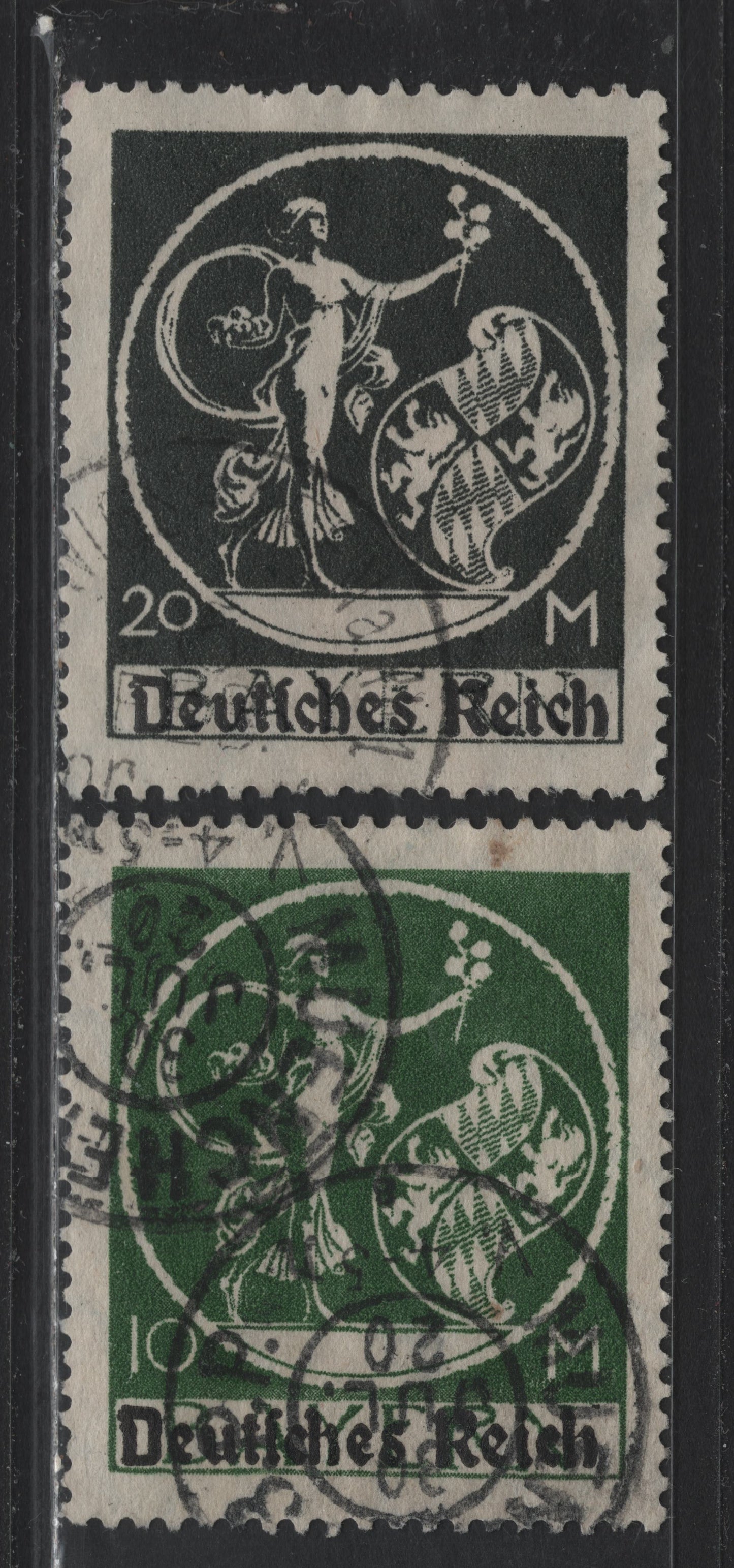 Lot 63 Bavaria SC#274-275 (137I-138I) 10m - 20m Deep Green - Black , 1920 Deutches Reich Overprinted Plowman, Sower & Madonna Issue, 2 Very Fine Used Singles, Type 1 Overprints
