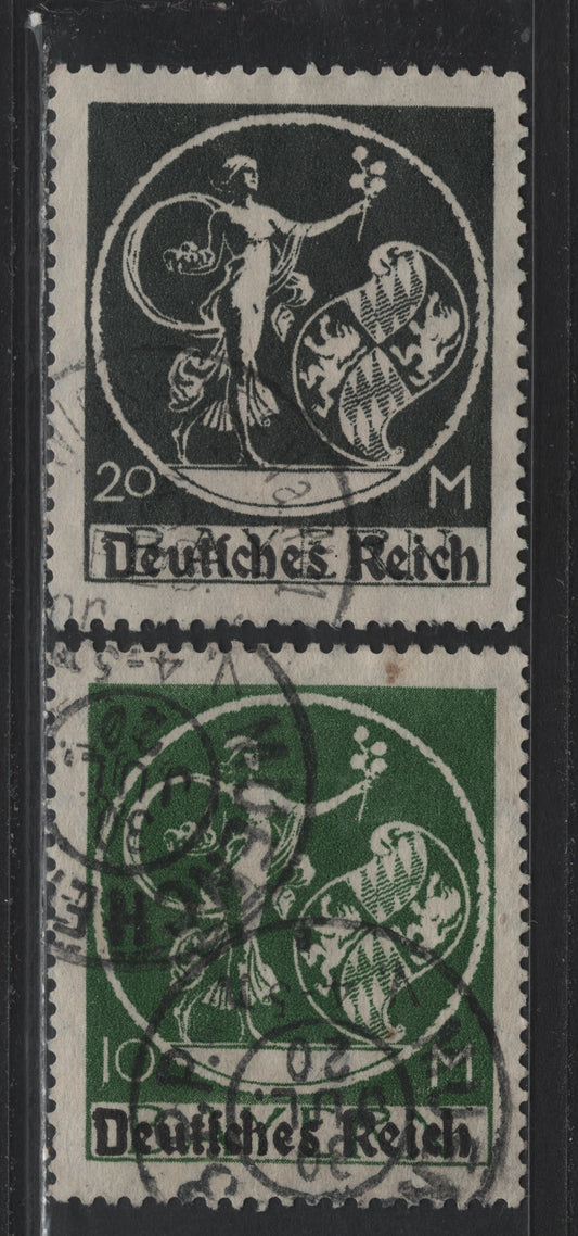 Lot 63 Bavaria SC#274-275 (137I-138I) 10m - 20m Deep Green - Black , 1920 Deutches Reich Overprinted Plowman, Sower & Madonna Issue, 2 Very Fine Used Singles, Type 1 Overprints