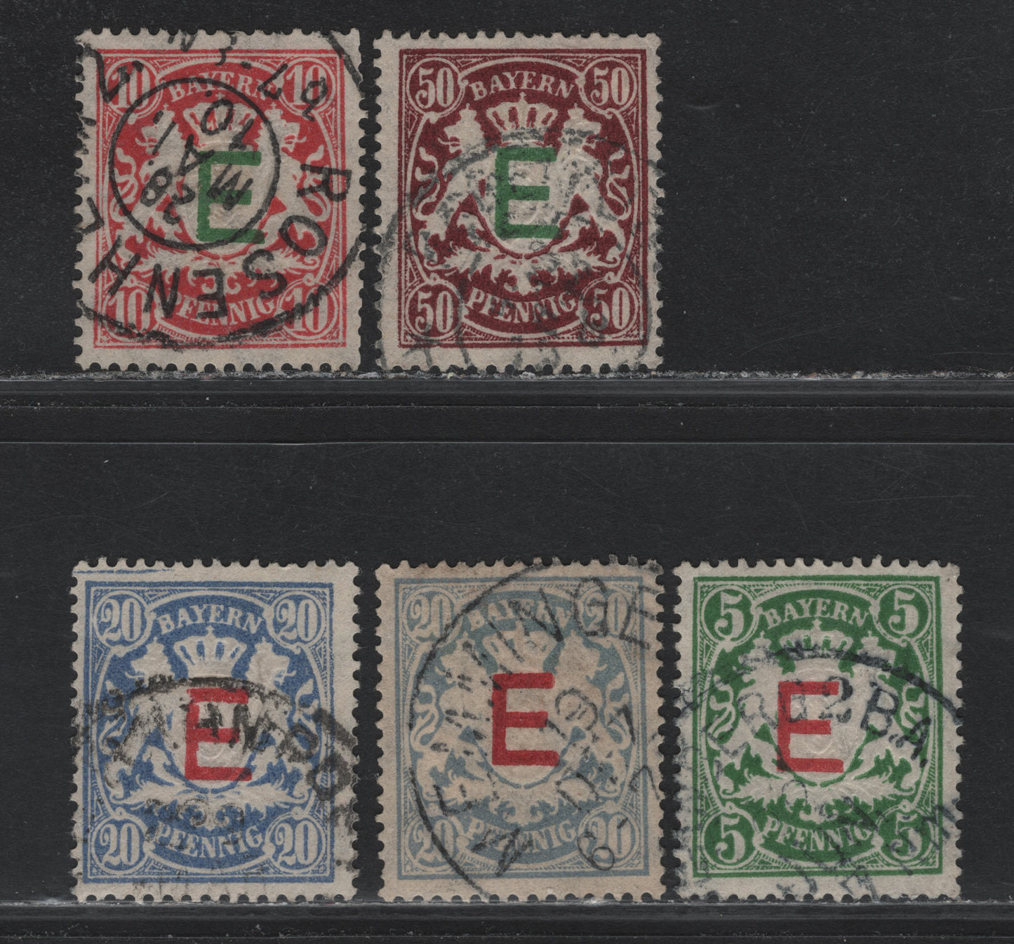 Lot 64 Bavaria SC#O2-O5 5pf - 50pf Dark Green - Maroon , 1908 E Overprinted Issue, 5 Fine/Very Fine Used Singles, Includes Violet Ultramarine & Gray Ultramarine Shades Of 20pf