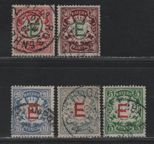 Lot 64 Bavaria SC#O2-O5 5pf - 50pf Dark Green - Maroon , 1908 E Overprinted Issue, 5 Fine/Very Fine Used Singles, Includes Violet Ultramarine & Gray Ultramarine Shades Of 20pf