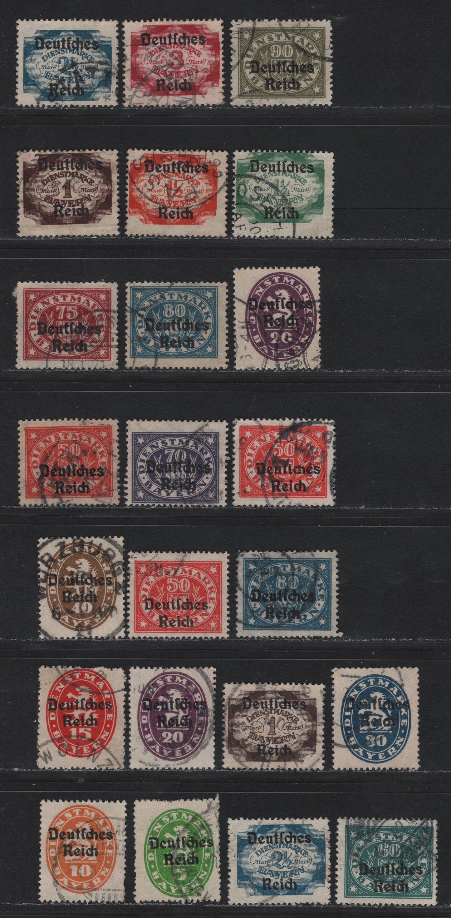 Lot 65 Bavaria SC#O52/O68 (34/50) 5pf - 3m Yellow Green - Red Carmine , 1920 Deutches Reich Overprinted Plowman, Sower & Madonna Issue, Fine/Very Fine Used Singles