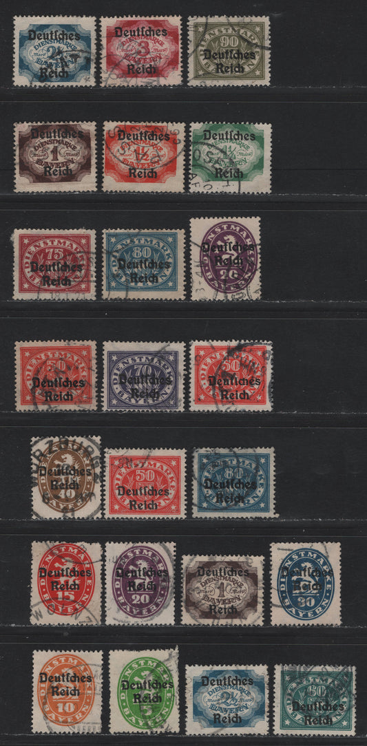 Lot 65 Bavaria SC#O52/O68 (34/50) 5pf - 3m Yellow Green - Red Carmine , 1920 Deutches Reich Overprinted Plowman, Sower & Madonna Issue, Fine/Very Fine Used Singles