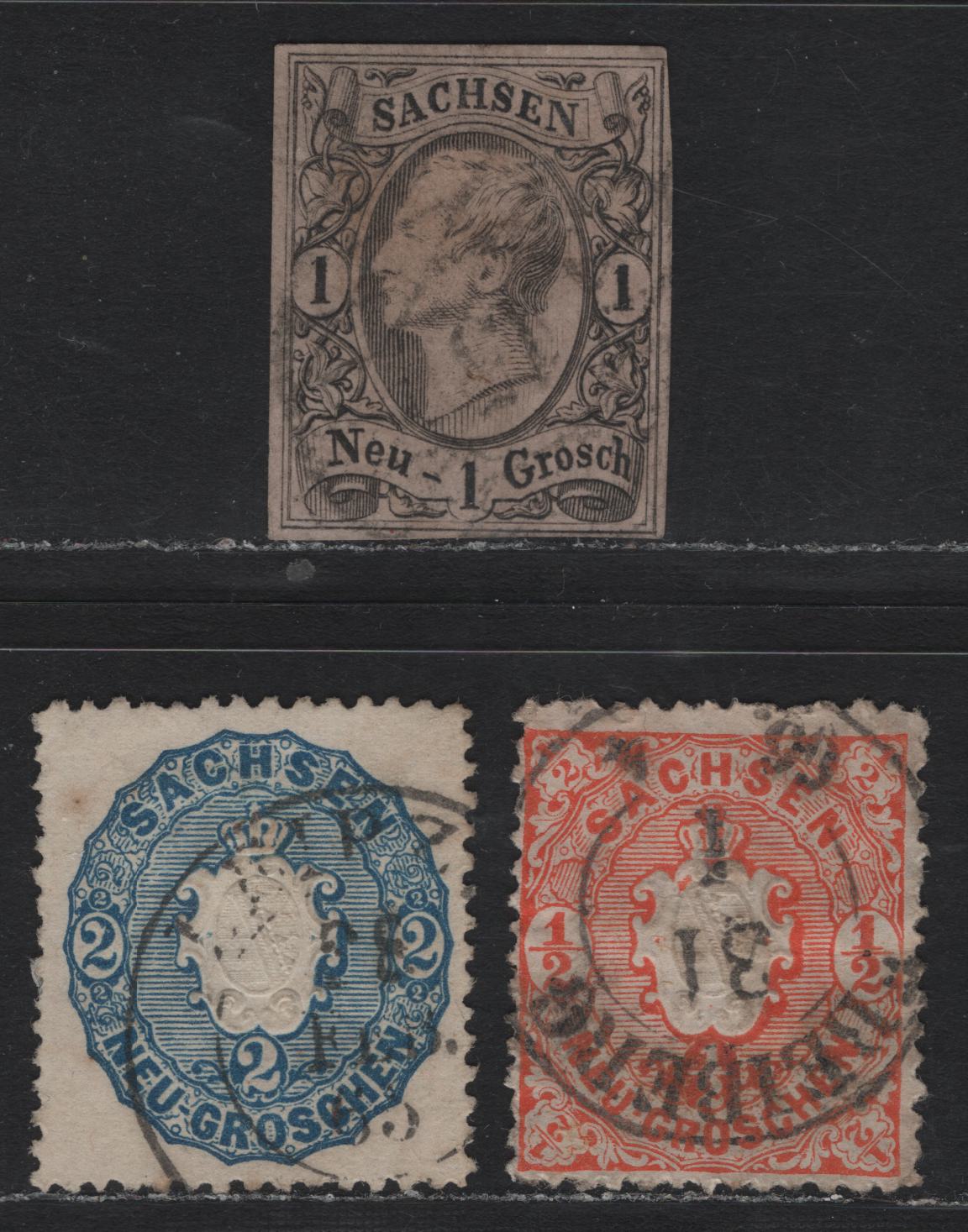 Lot 67 Saxony SC#10, 16a, 18 1ng - 2ng Black on Rose - Blue , 1855-1863 King John I - Arms Issue, 3 Fine/Very Fine Used Singles