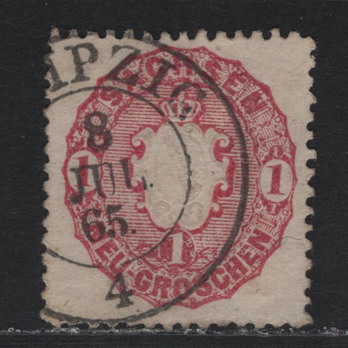 Lot 68 Saxony SC#17 (16b) 1ng Magenta , 1855-1860 Arms Issue, A Very Fine Used Single, Magenta, Rather Than The More Common Rose Shade, July 8 1865 Leipzig CDS.