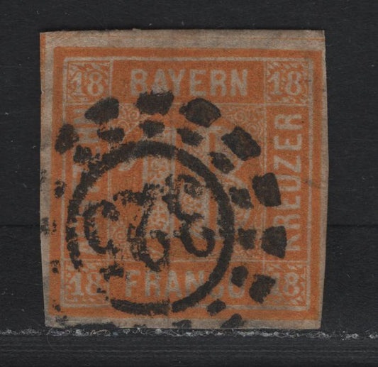 Lot 7 Bavaria SC#8 (Michel# 7) 18kr Yellow Green , 1850-1862 Numeral Issue, A Fine Used Single, Clear To Full Margins, #325 Munich Open Millwheel Cancel