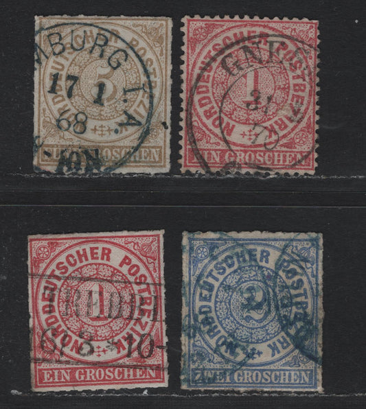 Lot 71 North German Confederation SC#4-6, 16 1gr - 5gr Rose - Bistre , 1868 Rouletted Numeral - Perforated Numeral Issues, 4 Very Fine Used Singles
