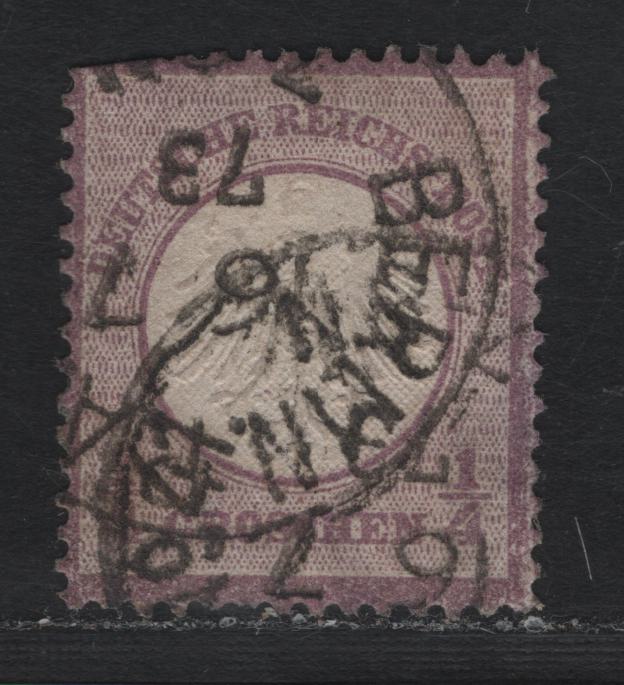Lot 72 Germany SC#1 1/4gr Violet , 1872 Eagle With Small Shield Issue, A Good Used Single, Small Wrinkle At Base, 2 Clipped Perfs At UR