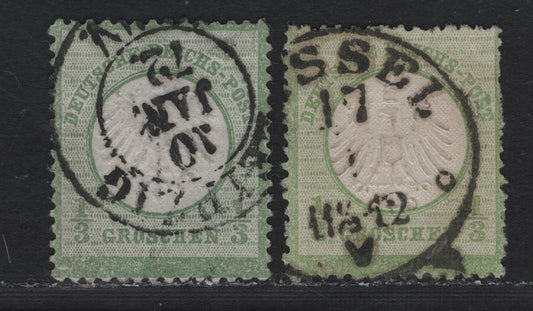 Lot 73 Germany SC#2, 2b (2a-b) 1/3gr Yellowish Green & Dark Grayish Emerald Green , 1872 Eagle With Small Shield Issue, 2 Fine Used Singles, January 10th 1872 Leipzig CDS