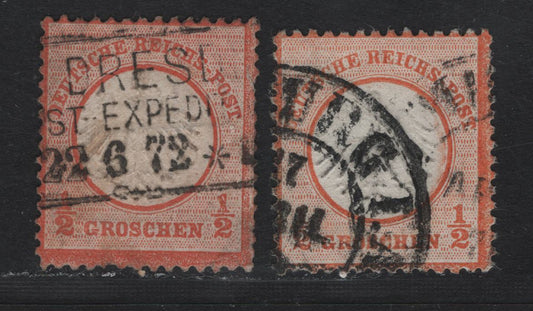 Lot 74 Germany SC#3 1/2gr Orange & Red Orange , 1872 Eagle With Small Shield Issue, 2 Fine Used Singles