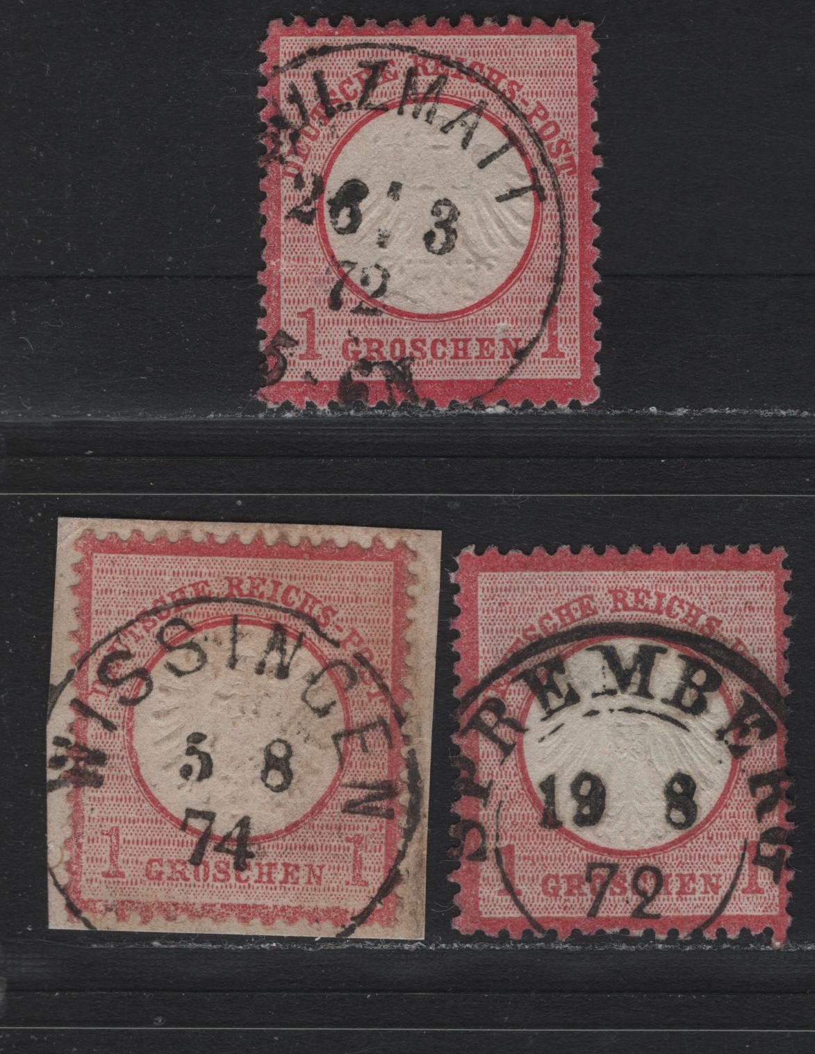 Lot 75 Germany SC#4 1gr Rose , 1872 Eagle With Small Shield Issue, 3 Fine/Very Fine Used Singles, 3 SON Town Cancels, Spremberg (Aug 19 1872), Wissingen (Aug 5 1874) & Sulzmatt (March 26 1872)