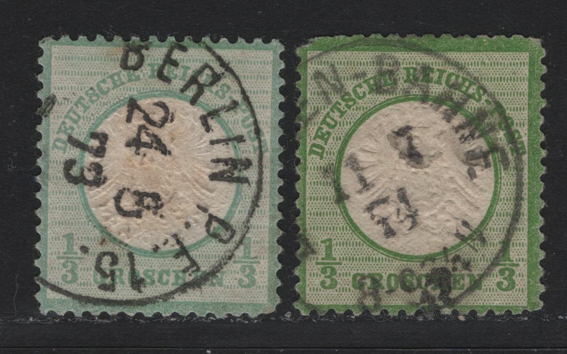 Lot 79 Germany SC#15-a 1/3gr Yellow Green & Blue Green , 1872 Eagle With Large Shield Issue, 2 Very Good/Very Fine Used Singles, Scarce Blue Green Has August 24 1873 Berlin CDS, Cheaper Yellow Green Has Pulled Corner At UL