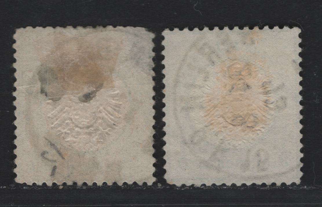 Lot 79 Germany SC#15-a 1/3gr Yellow Green & Blue Green , 1872 Eagle With Large Shield Issue, 2 Very Good/Very Fine Used Singles, Scarce Blue Green Has August 24 1873 Berlin CDS, Cheaper Yellow Green Has Pulled Corner At UL
