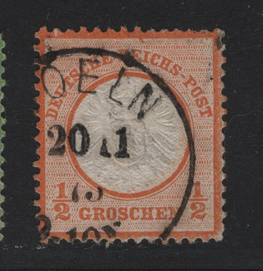 Lot 80 Germany SC#16 1/2gr Orange , 1872 Eagle With Large Shield Issue, A Very Fine Used Single, Cancelled At Oels (Spelled Oeln) In Silesia, Now Part of Poland (Olesnica), November 20 1873
