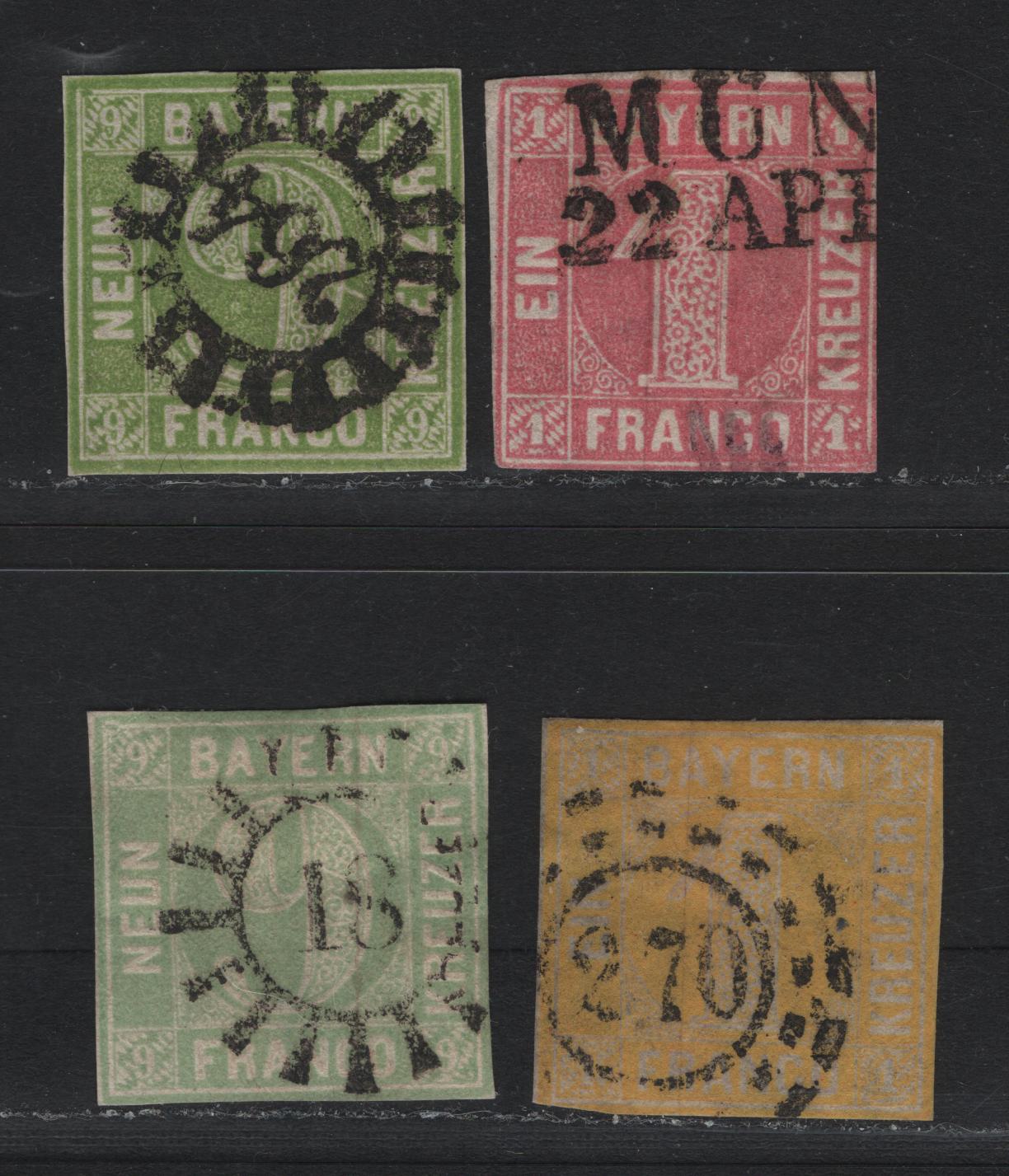 Lot 8 Bavaria SC#4, 6, 6b, 9 (Michel# 3Ia, 5aIII, 5dIII, 8I) 1kr - 9kr Yellow - Pale Bluish Green , 1850-1862 Numeral Issue, 4 Ungraded Used Singles, Plates 1-3, Sound But Small to no Margins, Various Millwheel or Line Munich Cancels.