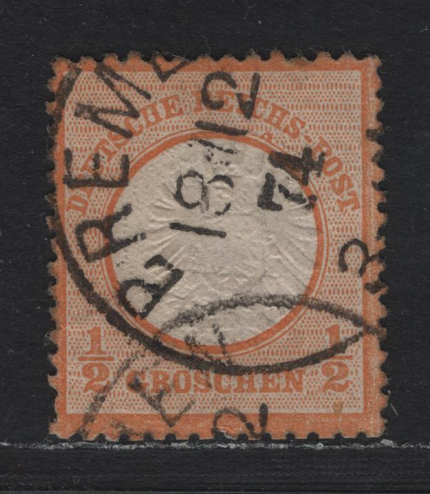 Lot 81 Germany SC#16 1/2gr Yellow Orange , 1872 Eagle With Large Shield Issue, A Very Fine Used Single, December 18 1874 Bremen CDS