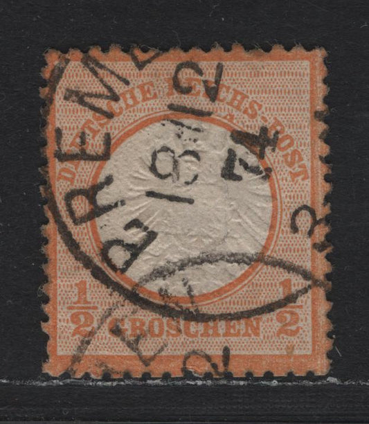 Lot 81 Germany SC#16 1/2gr Yellow Orange , 1872 Eagle With Large Shield Issue, A Very Fine Used Single, December 18 1874 Bremen CDS