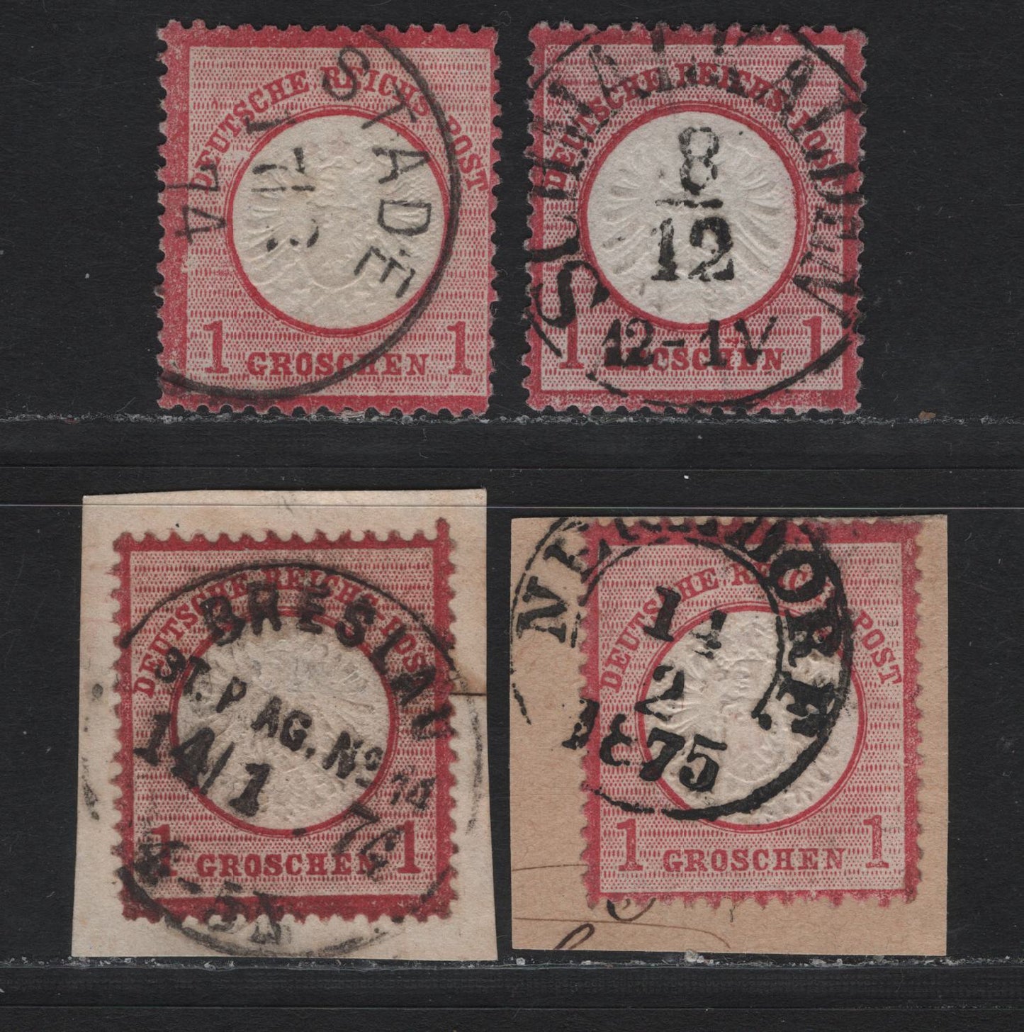 Lot 83 Germany SC#17 1gr Rose 7 Deep Rose , 1872 Eagle With Large Shield Issue, 4 Fine/Very Fine Used Singles, All With 1872-1875 Town Cancels