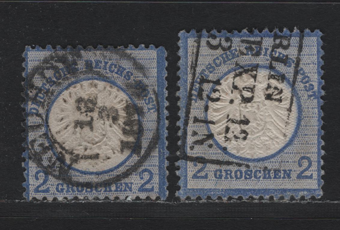 Lot 84 Germany SC#18 2gr Ultramarine , 1872 Eagle With Large Shield Issue, 2 Fine/Very Fine Used Singles, Boxed Berlin Cancel, Dated Dec 1874 & March 16 1874 Neuhof Cancels
