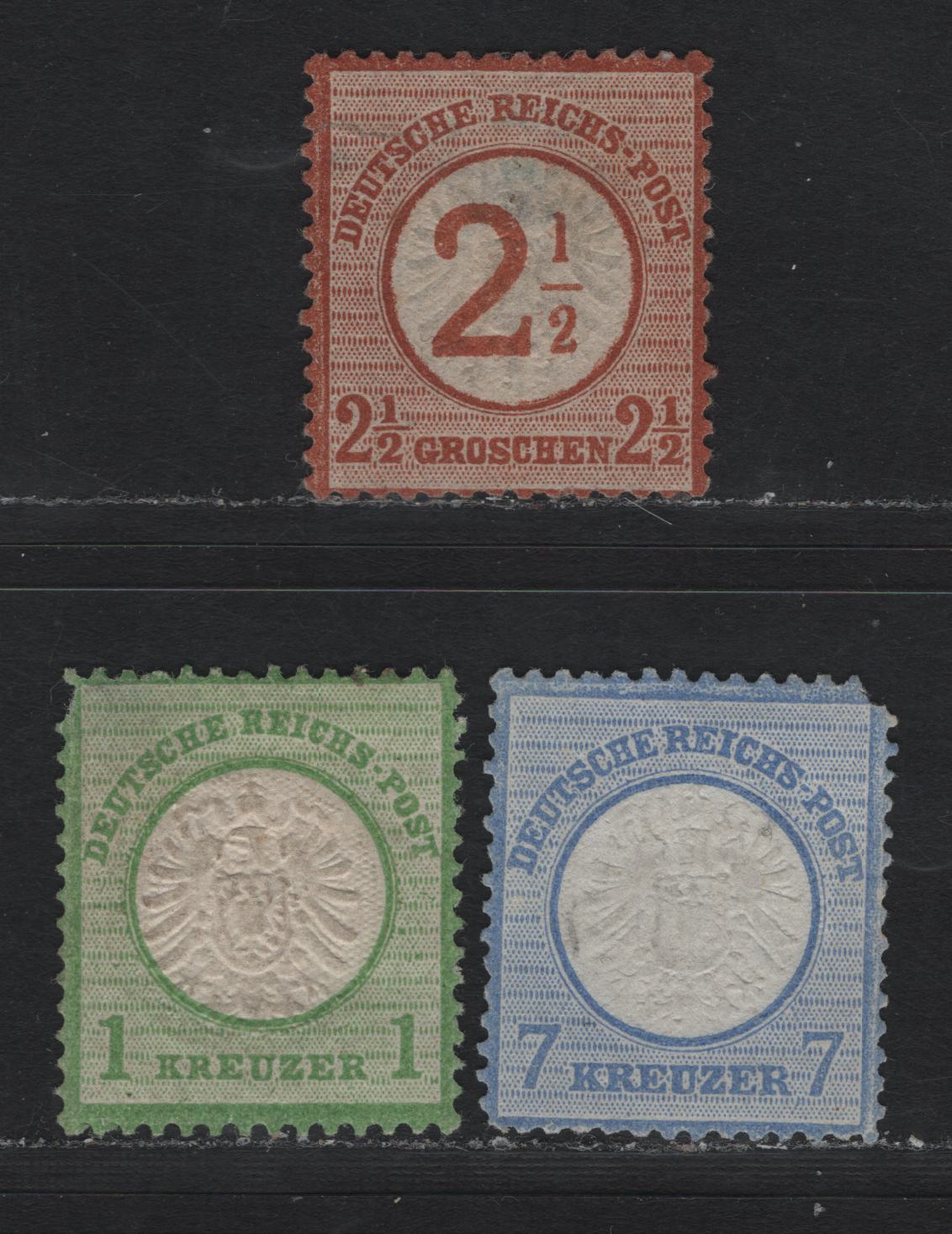 Lot 85 Germany SC#21, 24, 27 1kr - 2.5g on 2.5g Yellow Green - Orange Brown , 1872 Eagle With Large Shield Issue, 3 G/VGOG & Unused Singles, Two Pulled Corners On 1kr, 7kr & Thins On 1kr & 2.5gr