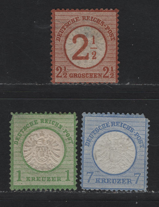 Lot 85 Germany SC#21, 24, 27 1kr - 2.5g on 2.5g Yellow Green - Orange Brown , 1872 Eagle With Large Shield Issue, 3 G/VGOG & Unused Singles, Two Pulled Corners On 1kr, 7kr & Thins On 1kr & 2.5gr