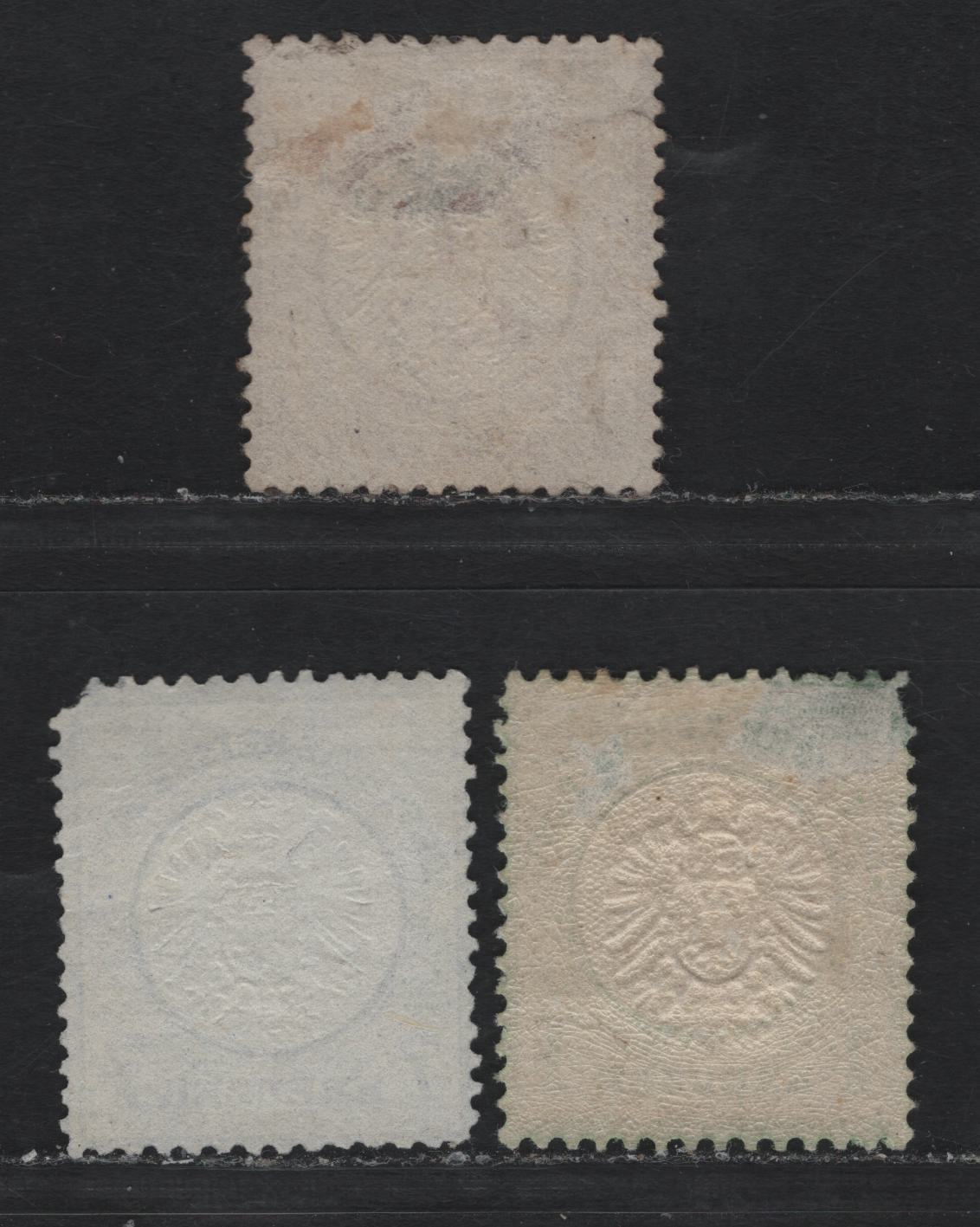 Lot 85 Germany SC#21, 24, 27 1kr - 2.5g on 2.5g Yellow Green - Orange Brown , 1872 Eagle With Large Shield Issue, 3 G/VGOG & Unused Singles, Two Pulled Corners On 1kr, 7kr & Thins On 1kr & 2.5gr