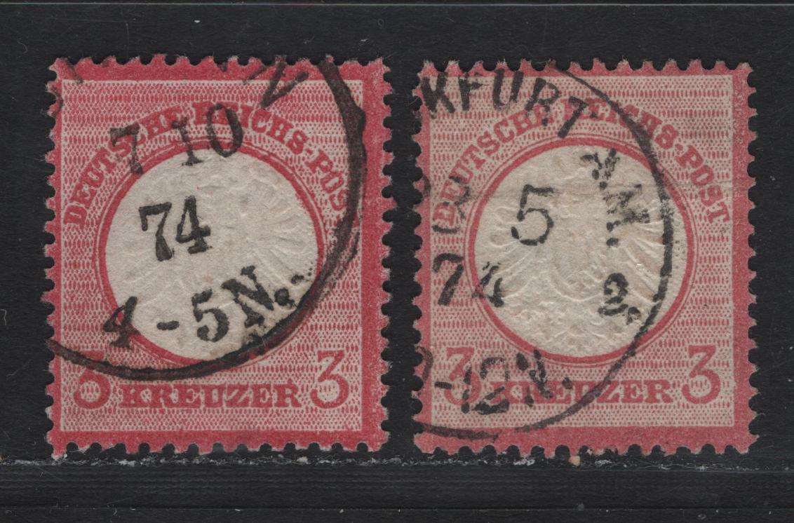 Lot 86 Germany SC#23 3kr Rose & Deep Rose , 1872 Eagle With Large Shield Issue, 2 Fine Used Singles, Different Shades, Both With Crisp 1874 CDS Cancels, One of Which Is Frankfurt.