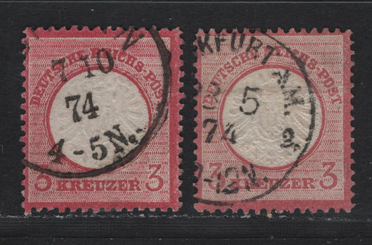 Lot 86 Germany SC#23 3kr Rose & Deep Rose , 1872 Eagle With Large Shield Issue, 2 Fine Used Singles, Different Shades, Both With Crisp 1874 CDS Cancels, One of Which Is Frankfurt.