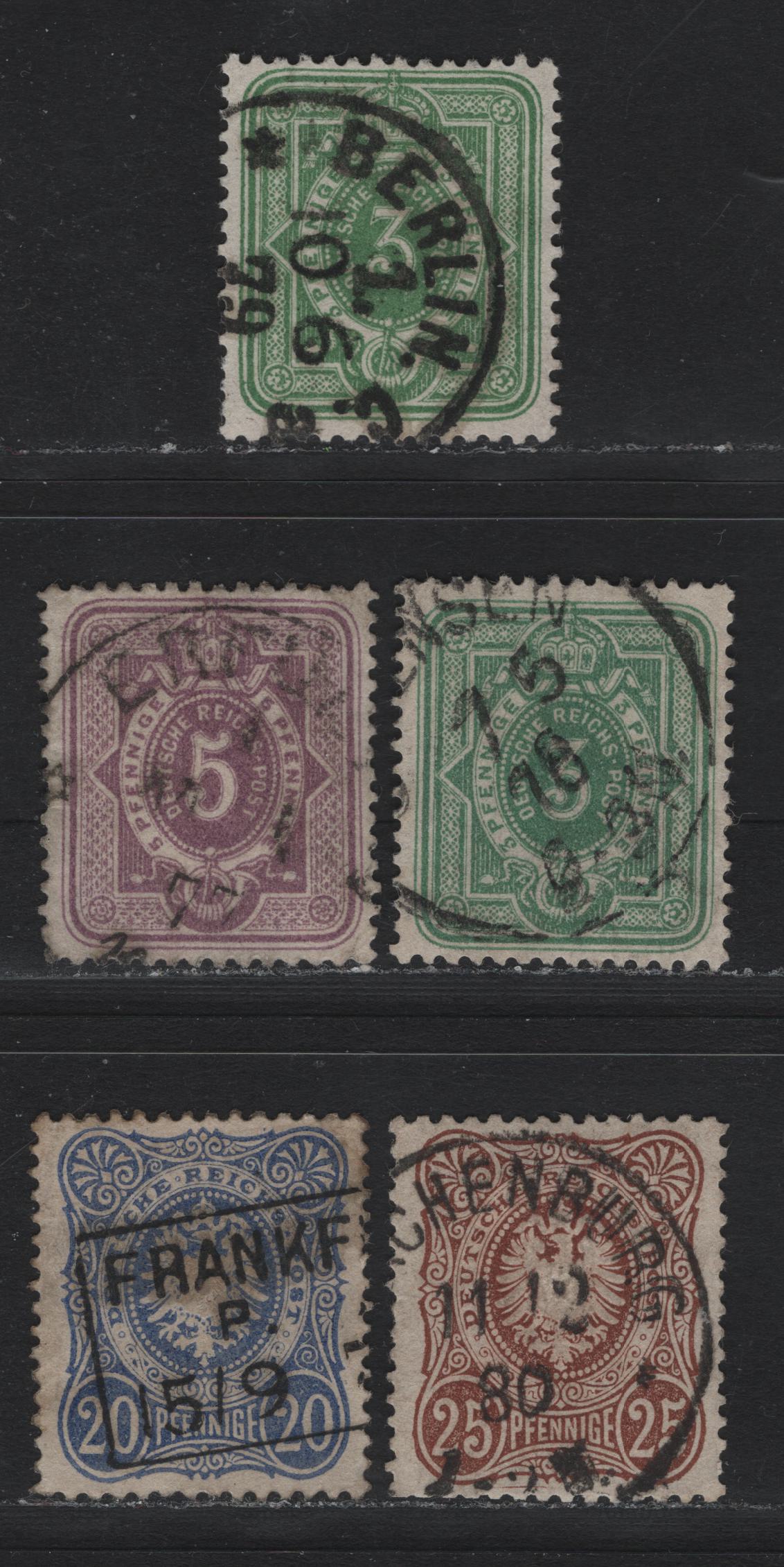 Lot 87 Germany SC#29,a, 30, 32-33 3pf - 20pf Bluish Emerald Green - Ultramarine , 1875-1877 Numeral & Eagle Issue, 5 Very Fine Used Singles, Dated CDS & Boxed Frankfurt Cancels