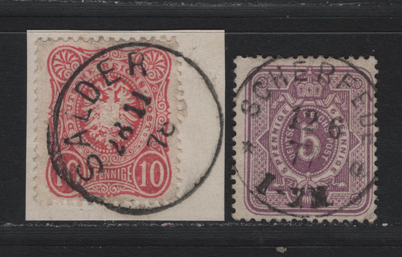 Lot 89 Germany SC#30-31 5pf - 10pf Lilac - Lilac Red , 1875-1877 Numeral & Eagle Issue, 2 Fine/Very Fine Used Singles, November 28 1878 Salder & June 12 1877 Scherfede SON Cancels