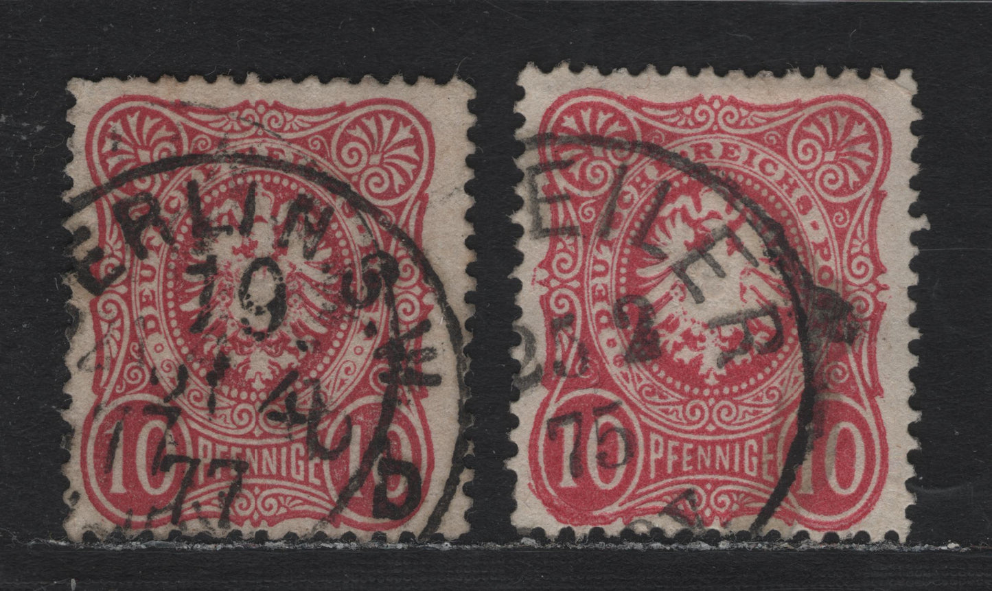 Lot 90 Germany SC#31 (33a, 33aa) 10pf Lilac Red & Dark Carmine Red , 1875-1877 Numeral & Eagle Issue, 2 Fine Used Singles, Scarce Shade, April 21 1877 CDS Cancel