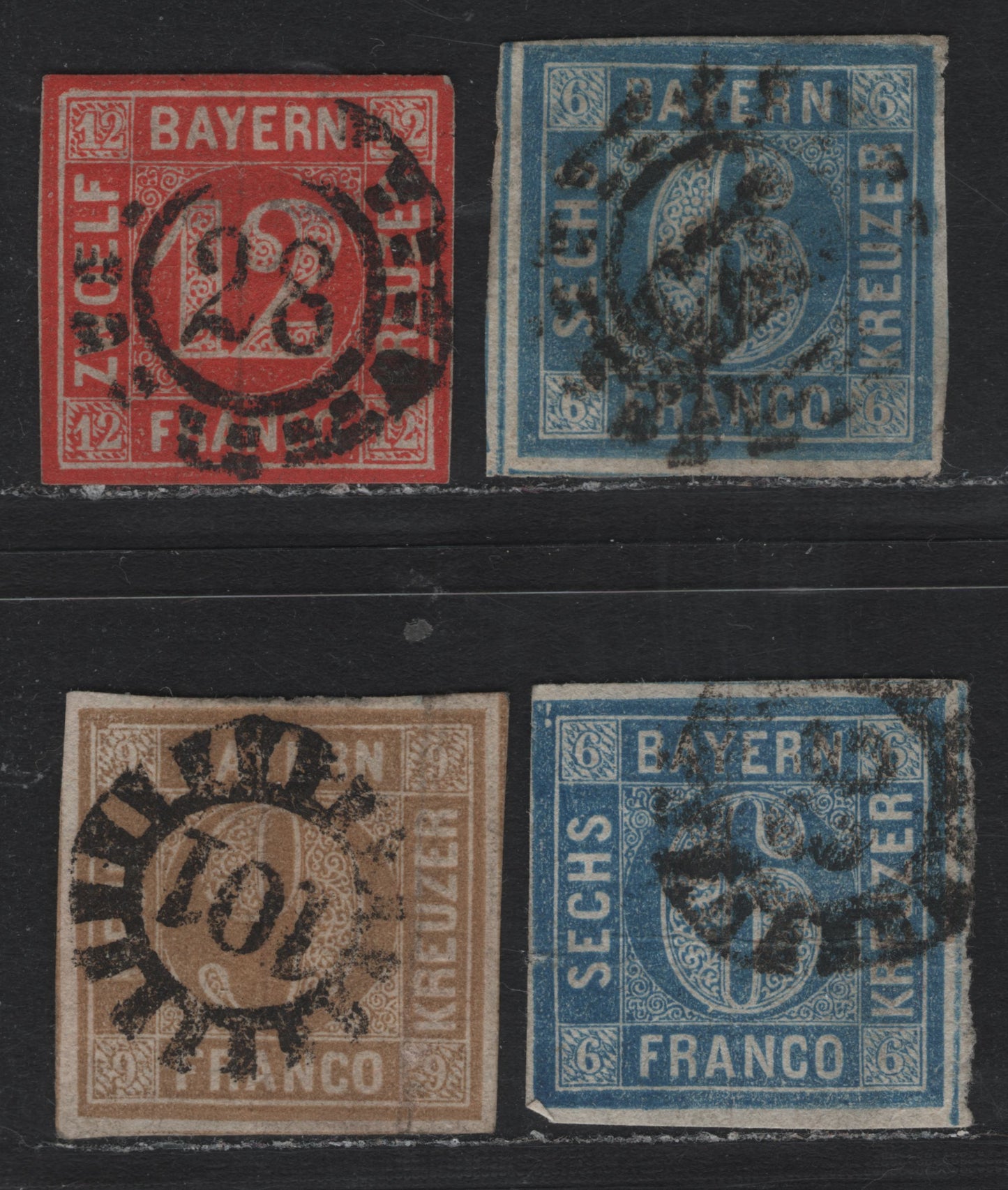 Lot 9 Bavaria SC#7, 11a, 12 (Michel# 6, 10a, 11) 6kr - 9kr Ultramarine - Lively Ochre Brown , 1850-1862 Numeral Issue, 4 Ungraded Used Singles, Small Faults And/Or Small Margins, Open/Closed Millwheel Cancels