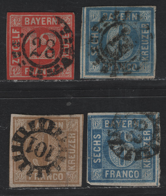 Lot 9 Bavaria SC#7, 11a, 12 (Michel# 6, 10a, 11) 6kr - 9kr Ultramarine - Lively Ochre Brown , 1850-1862 Numeral Issue, 4 Ungraded Used Singles, Small Faults And/Or Small Margins, Open/Closed Millwheel Cancels