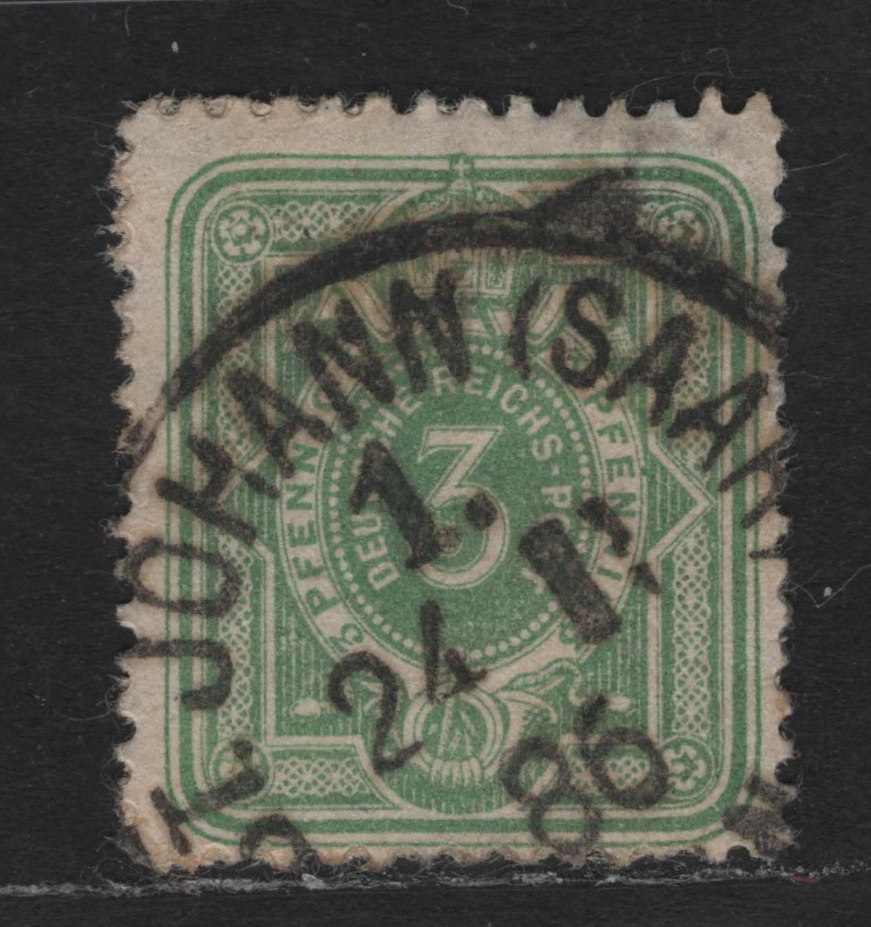 Lot 95 Germany SC#37b 3pf Green , 1880 Numeral & Embossed 'Este' Issue With Pfenning, A Fine Used Single, Feb 24 1886 St Johann, Sarr Scarce Cancel