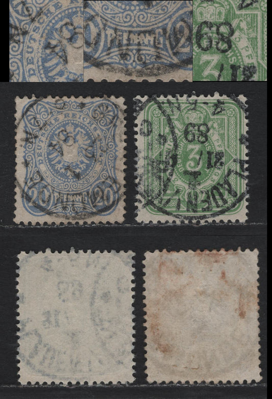 Lot 97 Germany SC#37, 40 3pf - 20pf Yellow Green - Grayish Ultramarine , 1880 Numeral & Embossed 'Este' Issue With Pfenning, 2 Fine/Very Fine Used Singles, Showing Unlisted Printing Flaws Due To Poor Inking, Unlisted In Michel