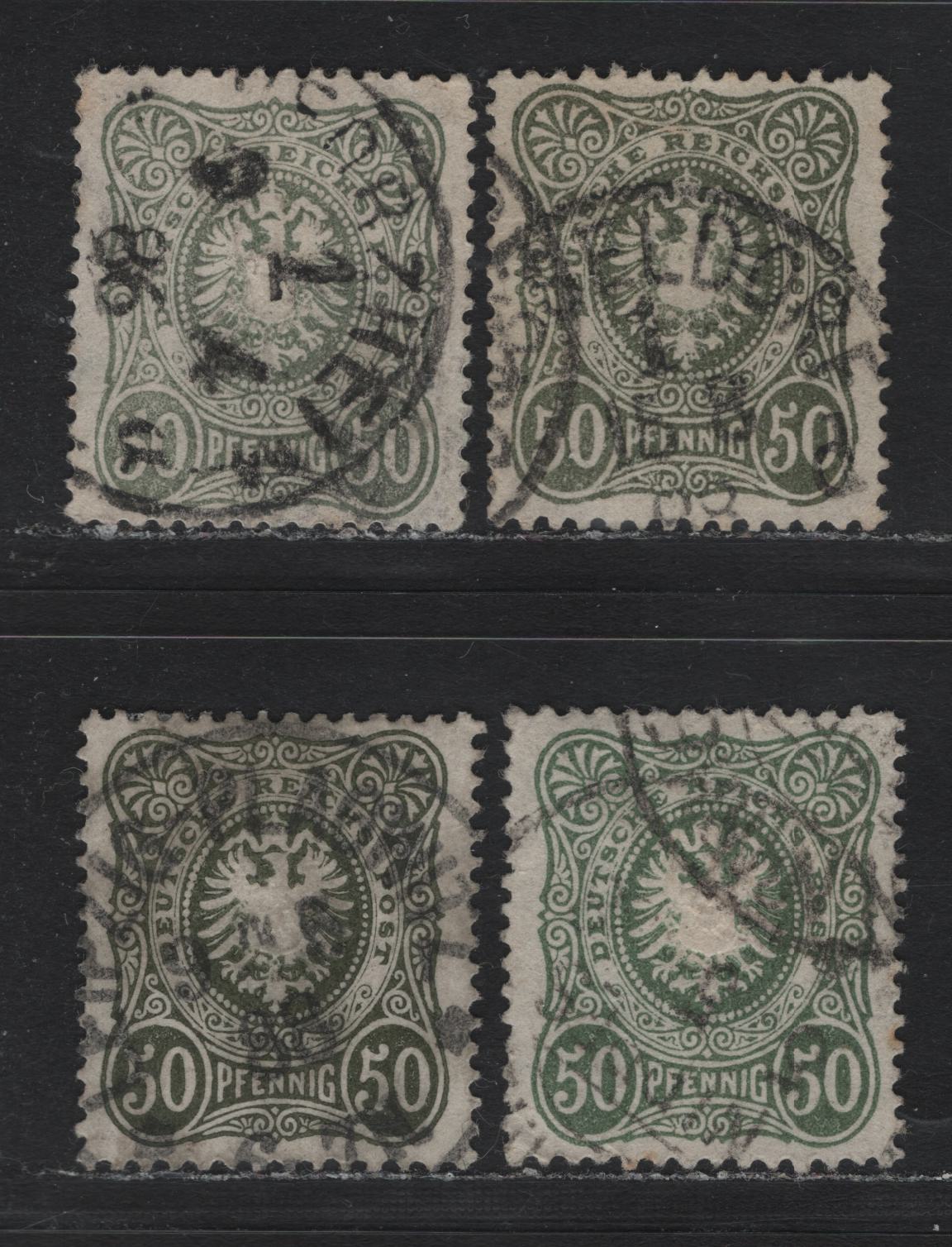 Lot 99 Germany SC#42-c (44IIa,ba,c,d) 50pf Medium Gray Green - Dark Gray Green , 1880-1883 Numeral & Embossed Eagle Issue (No Final E In Pfennig), 4 Very Fine Used Singles, 1886 & 1888 Dated Cancels