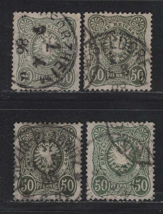 Lot 99 Germany SC#42-c (44IIa,ba,c,d) 50pf Medium Gray Green - Dark Gray Green , 1880-1883 Numeral & Embossed Eagle Issue (No Final E In Pfennig), 4 Very Fine Used Singles, 1886 & 1888 Dated Cancels
