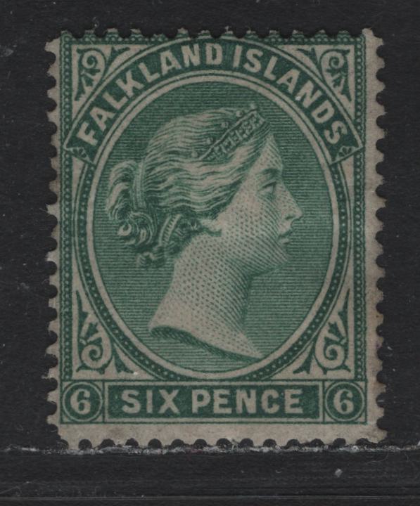 Lot 1 Falkland Islands SG#3 6d Blue Green , 1878-1879 Queen Victoria Sideface Issue, A VGOG Single, Bradbury Wilkinson Printing, Unwatermarked, Perf 14 & 14.5.
