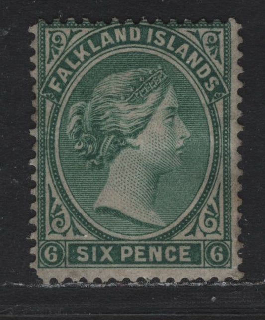 Lot 1 Falkland Islands SG#3 6d Blue Green , 1878-1879 Queen Victoria Sideface Issue, A VGOG Single, Bradbury Wilkinson Printing, Unwatermarked, Perf 14 & 14.5.