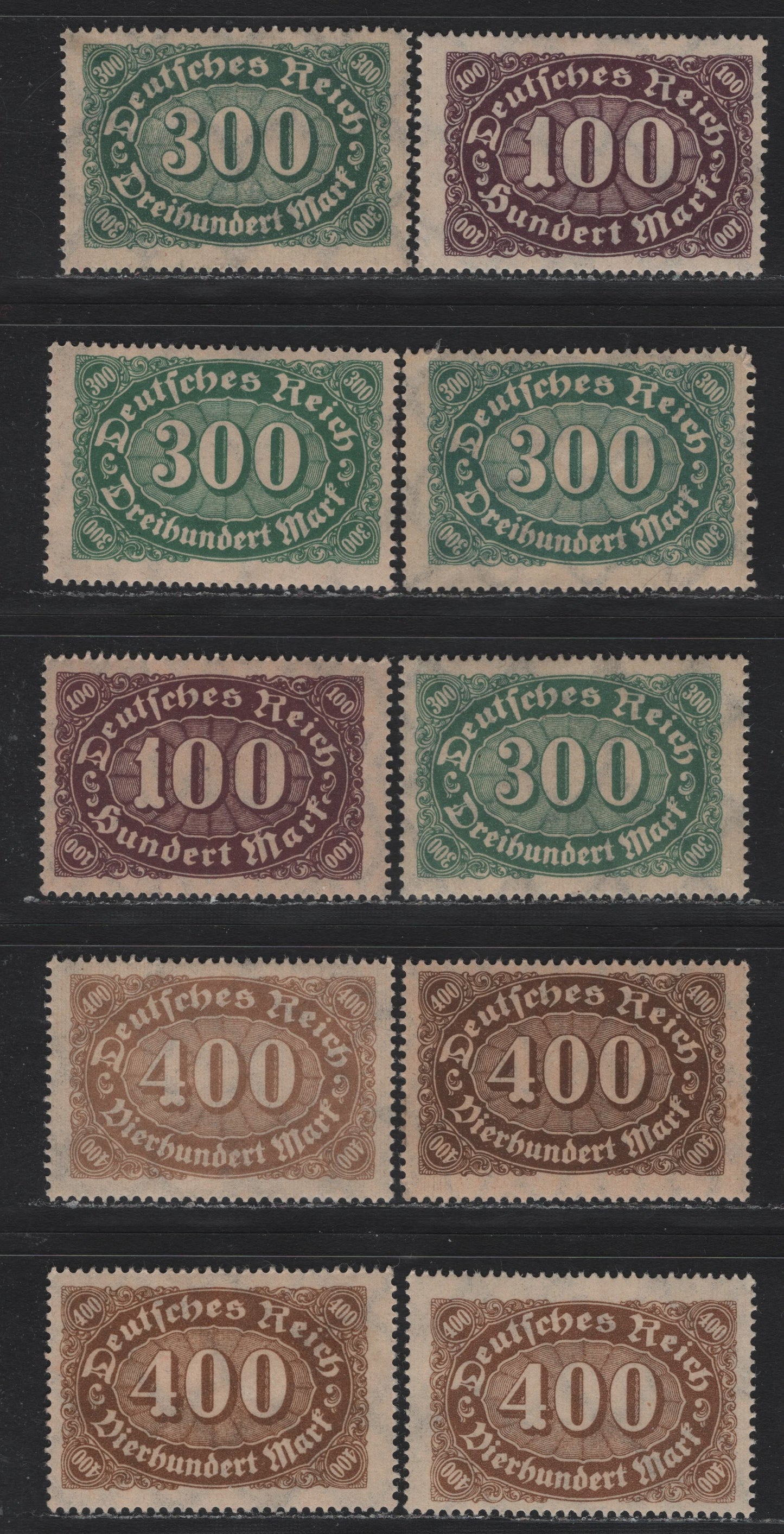 Lot 102 Germany SC#156, 159a, 199, 201-202 (219, 222c, 247, 249-250) 100m - 400m Brown Purple - Ochre Brown , 1921-1923 Numeral Issues, 10 F/VFOG Singles, Network Wmk