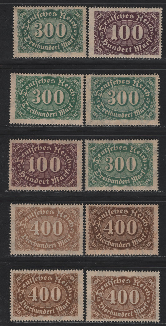Lot 102 Germany SC#156, 159a, 199, 201-202 (219, 222c, 247, 249-250) 100m - 400m Brown Purple - Ochre Brown , 1921-1923 Numeral Issues, 10 F/VFOG Singles, Network Wmk