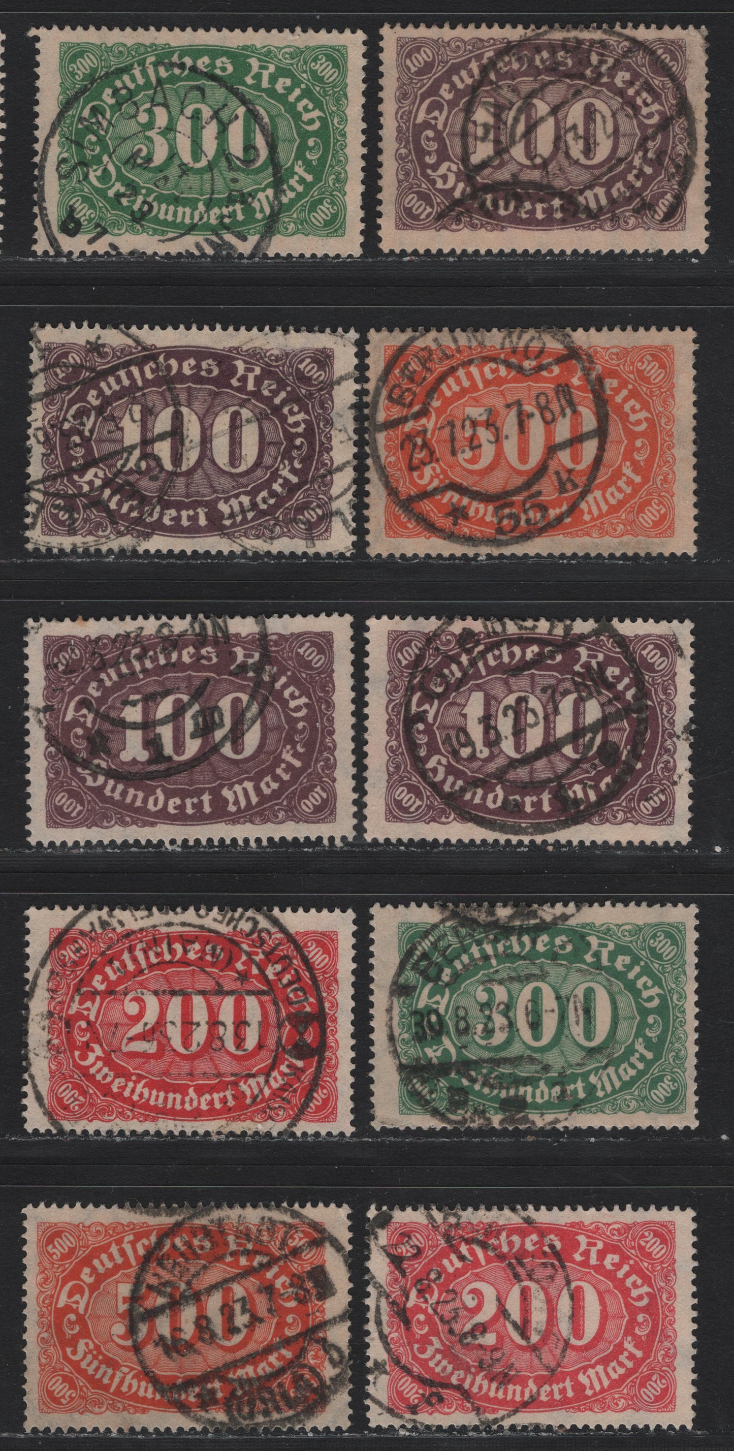 Lot 103 Germany SC#156, 158, 160, 199-201, 203 (219, 221, 223, 247, 248a, 249, 251) 100m - 500m Brown Purple - Orange , 1921-1923 Numeral Issues, 10 Fine/Very Fine Used Singles, Network Wmk