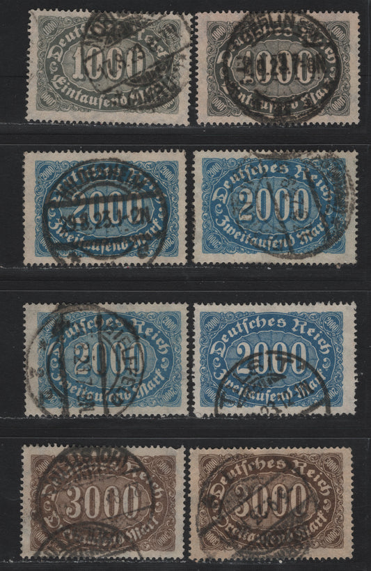 Lot 114 Germany SC#204-205, 206b (252, 253a, 254c) 1000m - 3000m Dark to Greenish Gray - Brown , 1923 Numeral Issue, 3 Fine/Very Fine Used Singles