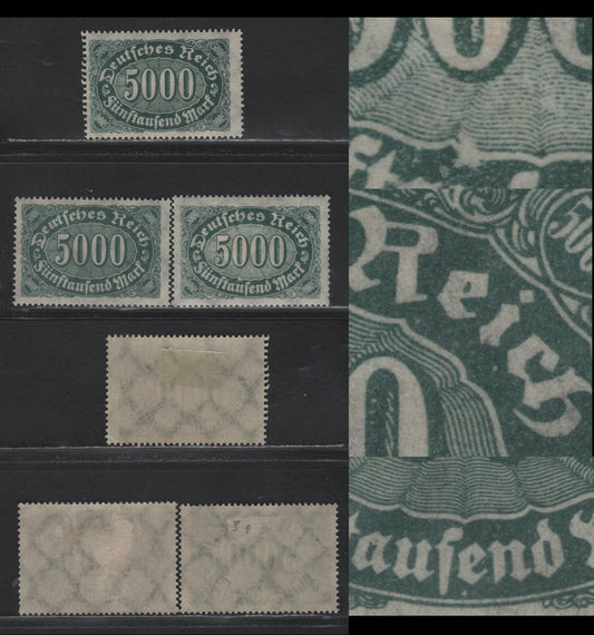Lot 118 Germany SC#208 (256a-bvar) 5000m Gray Green & Dark Green , 1923 Numeral Issue, 3 F/VFOG Singles, Constant Plate Flaws Not Listed In Michel