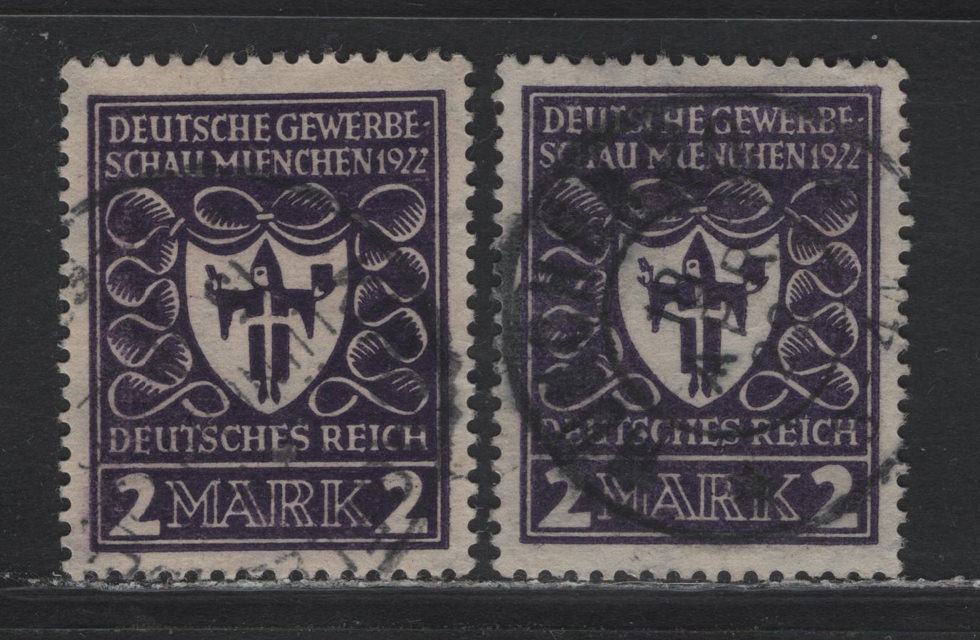 Lot 125 Germany SC#213-a (200a-b) 2m Blackish Blue Violet - Black Violet , 1922 Arms of Munich Issue, 2 Very Fine Used Singles, The Scarce Shade Has A Characteristic Reddish Undertone