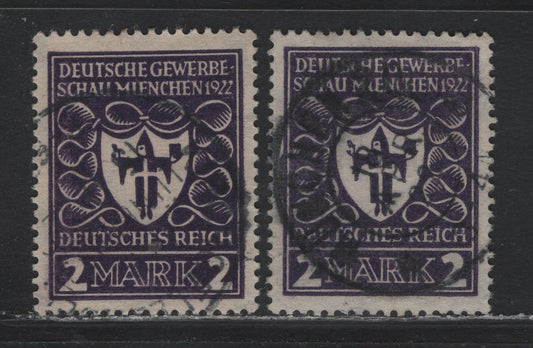 Lot 125 Germany SC#213-a (200a-b) 2m Blackish Blue Violet - Black Violet , 1922 Arms of Munich Issue, 2 Very Fine Used Singles, The Scarce Shade Has A Characteristic Reddish Undertone