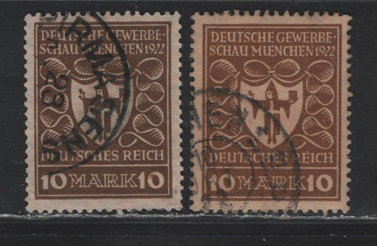 Lot 126 Germany SC#216-a (203a, 203b) 10m Yellow Brown - Blackish Orange Brown , 1922 Arms of Munich Issue, 2 Very Fine Used Singles, Scarcer Dark to Blackish Orange Brown
