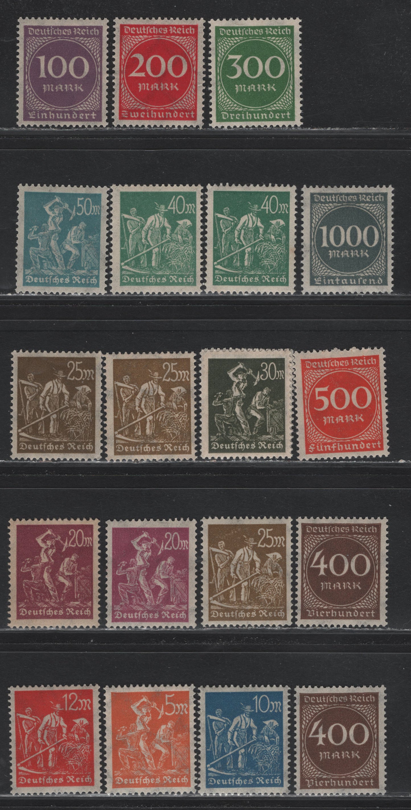 Lot 129 Germany SC#221-234 (238-243a-b, 244a, 245, 268b, 269-273) 5m - 1000m Orange - Slate , 1922-1923 Numeral & Worker Issue, 19 VFNH Singles, Complete Set With Extra Shades