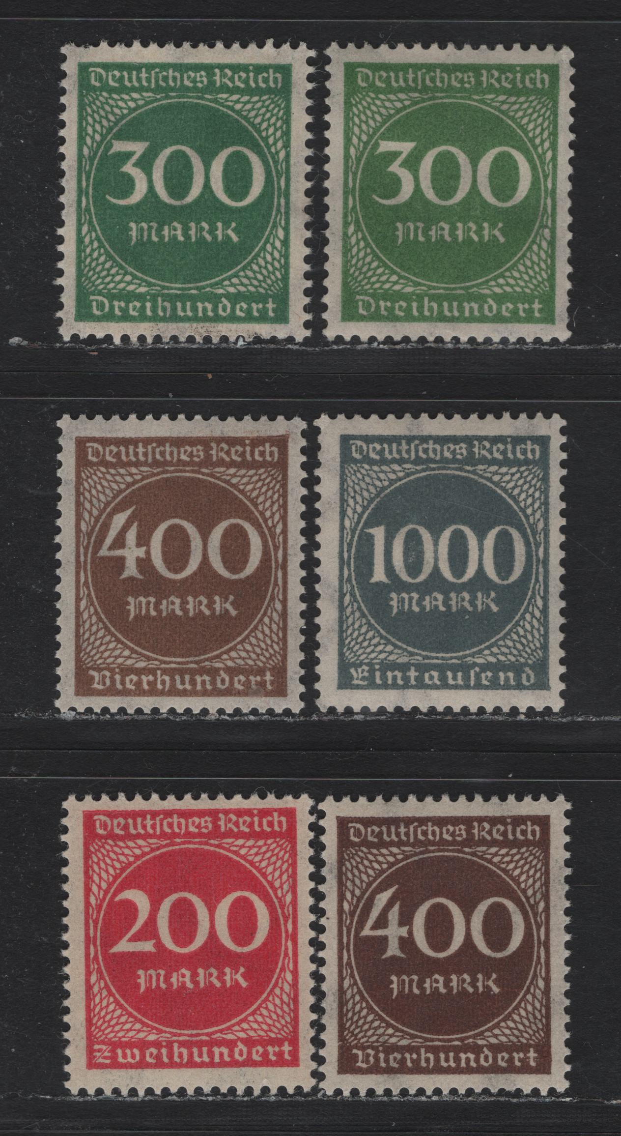 Lot 130 Germany SC#231-232, 234 (269-271, 273) 200m - 1000m Rosy Carmine - Deep Slate , 1922-1923 Numeral & Worker Issue, 6 VFNH Singles, Shade Variants That Are Deeper or Lighter Than The Ones In Lot 129