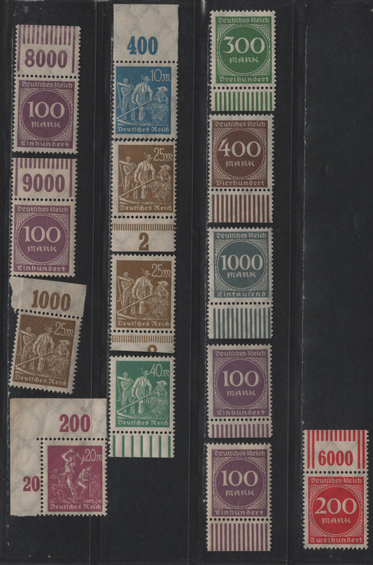 Lot 132 Germany SC#222, 224-225, 227, 229-232, 234 (239POR, 241POR, 242POR, 268bWOR, 269WOR) 10m - 1000m Light Blue - Deep Slate , 1922-1923 Numeral & Worker Issue, 14 F/VFNH Top & Bottom Sheet Margin Singles, Counter Numbers & Selvedge Markings